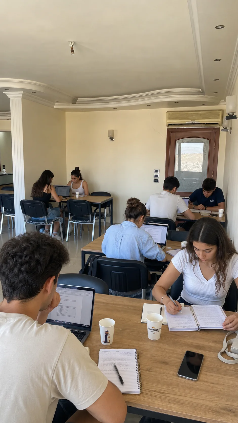 Members working at LightHouse with branded coffee