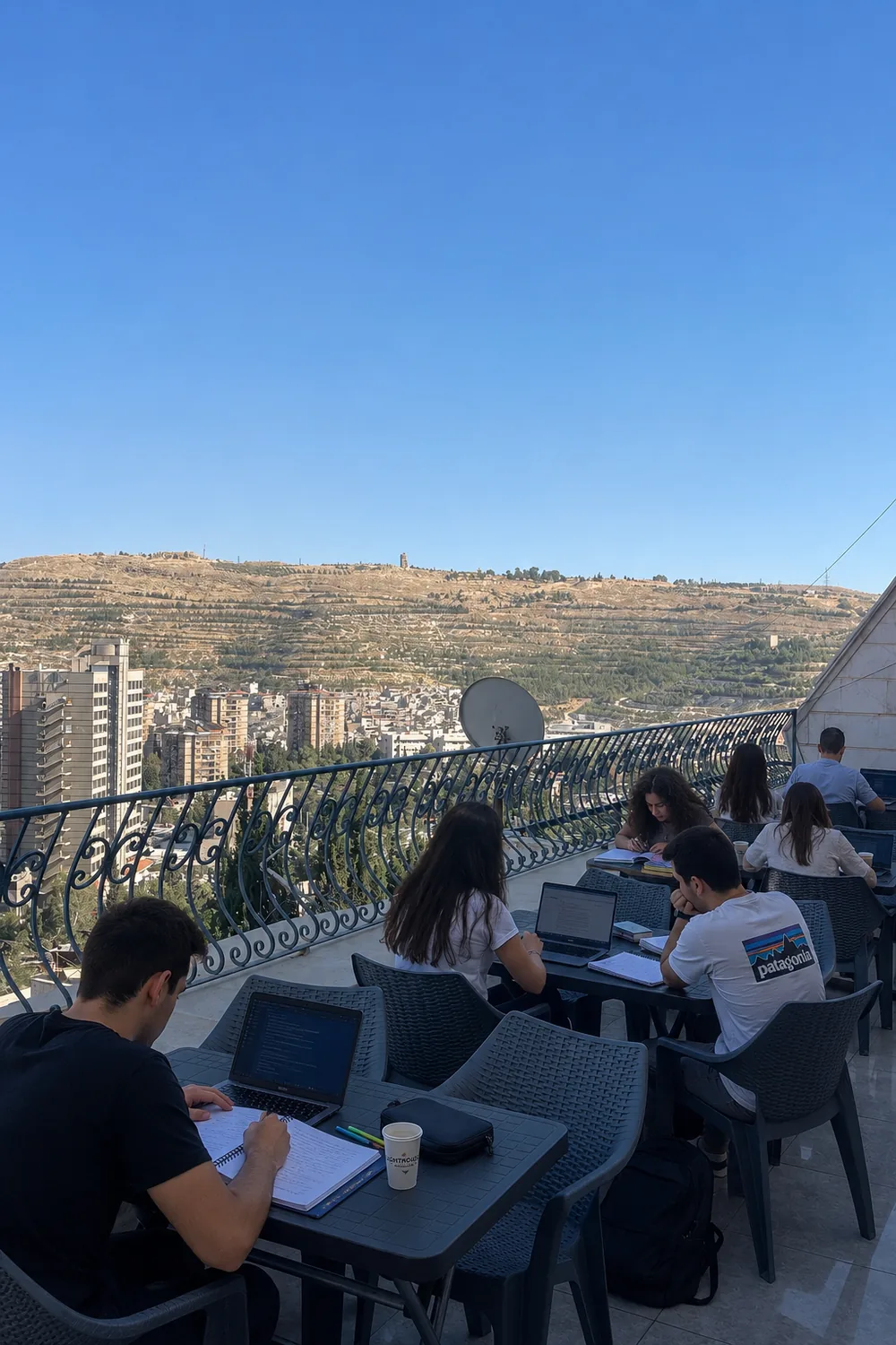 Members working on the LightHouse terrace above the city